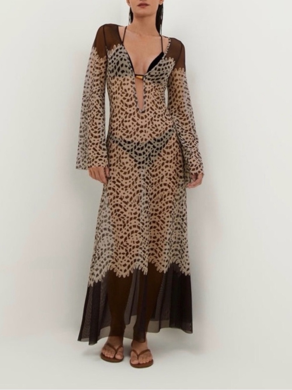 Leopard Print Sheer Maxi Dress in Brown and Cream